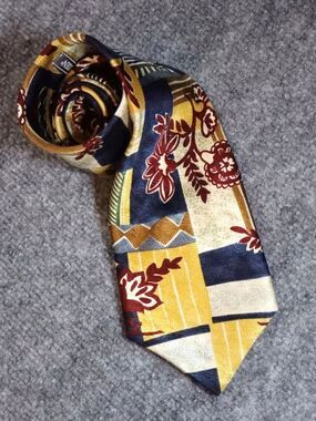 Vintage Style Silk Tie Floral Geometric Navy Gold Burgundy Statement Neck Tie